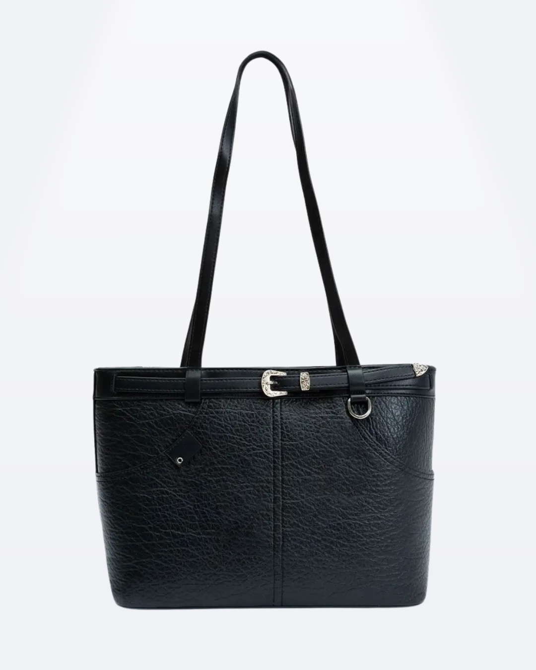 Cartera espaciosa tipo bolso con detalles en plateado