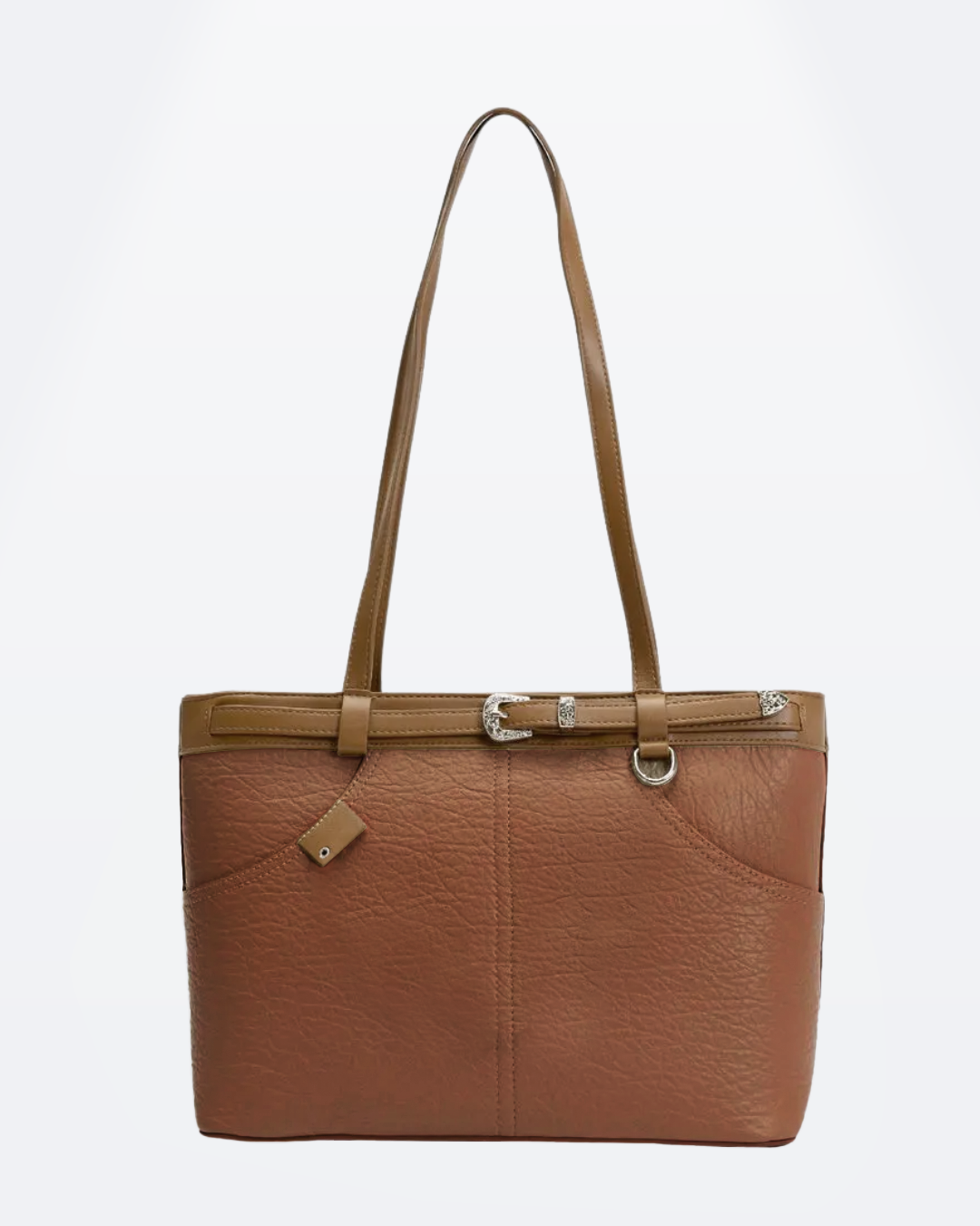 Cartera espaciosa tipo bolso con detalles en plateado