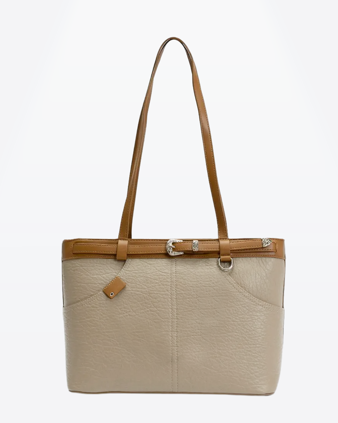 Cartera espaciosa tipo bolso con detalles en plateado