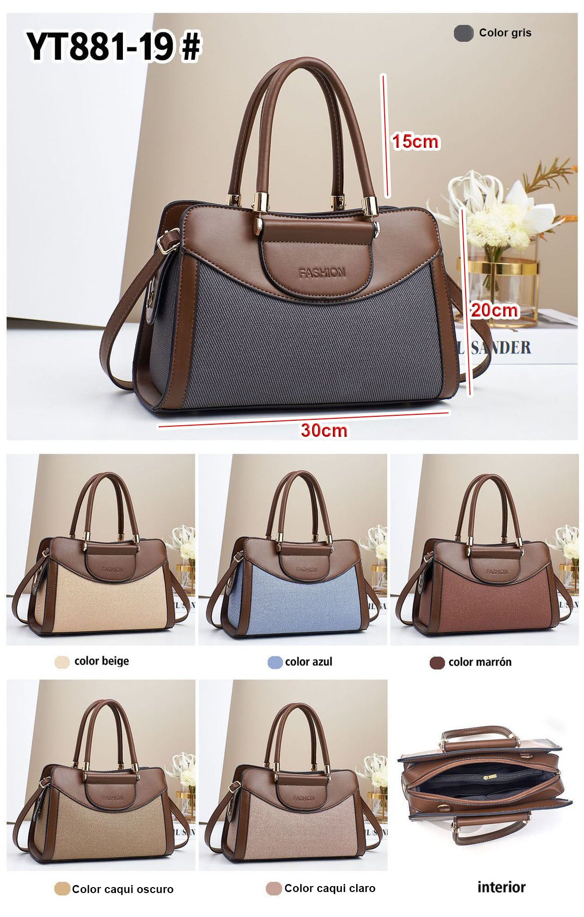 Bolso medianao con estructura rectangular, doble asa y correa ajustable