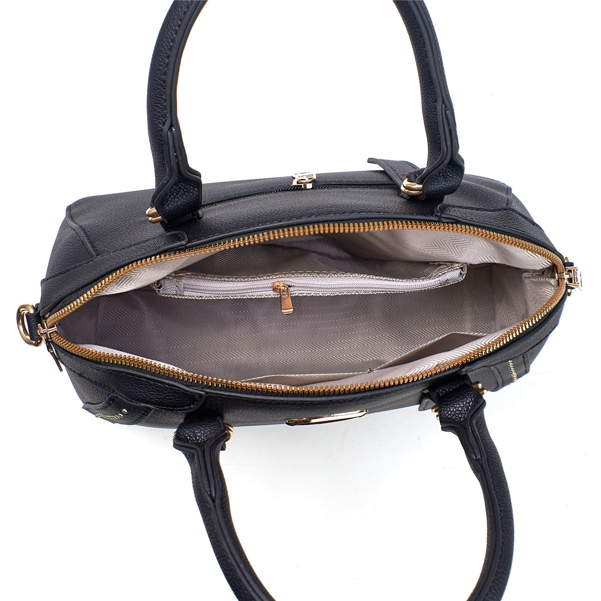 Oferta • Bolso mediano con asas cortas y correa larga ajustable, remaches decorativos en dorado