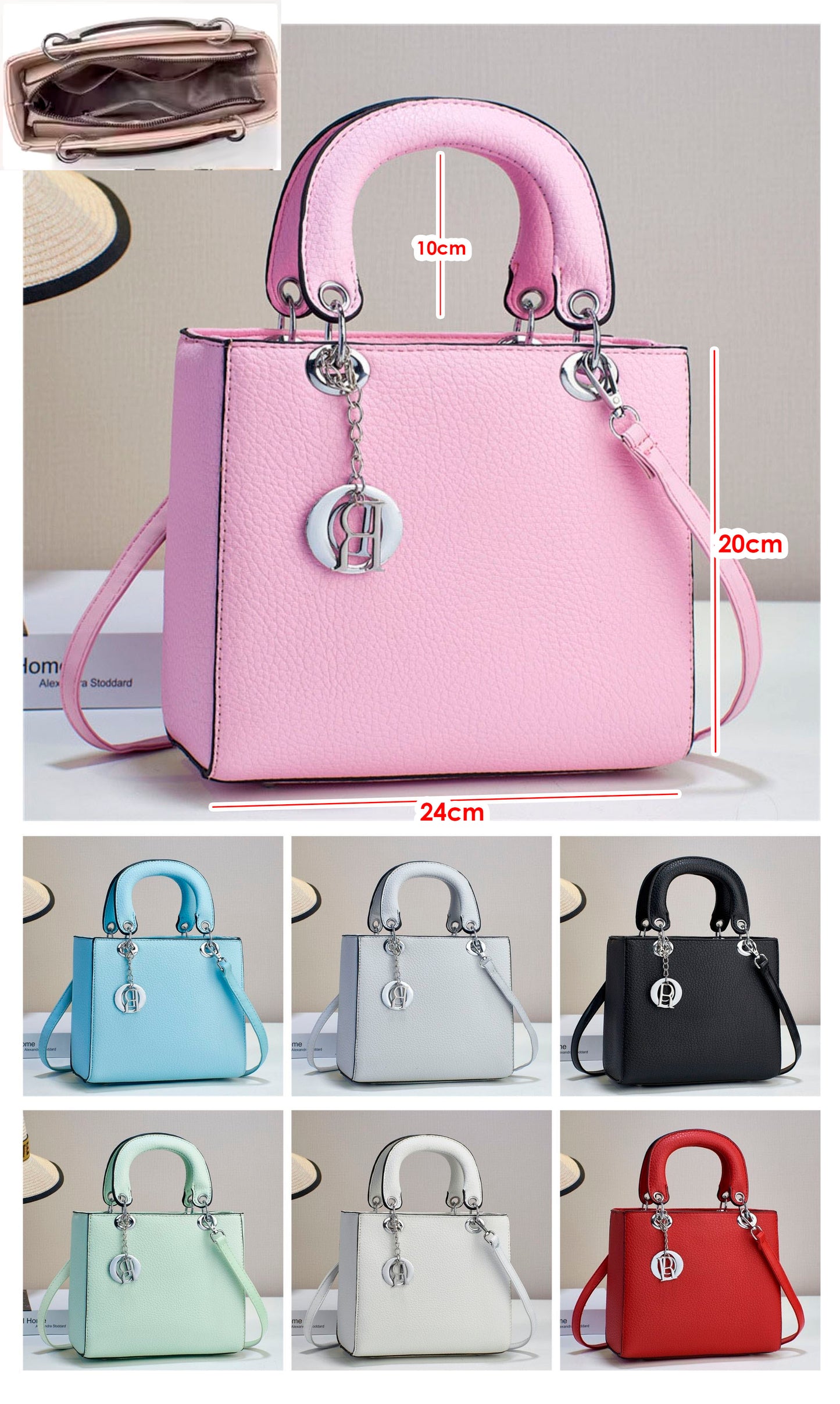 BAG-HO!🎅 • Bolso mediano cuadrado con asas redondeadas, dije metálico plateado con letras