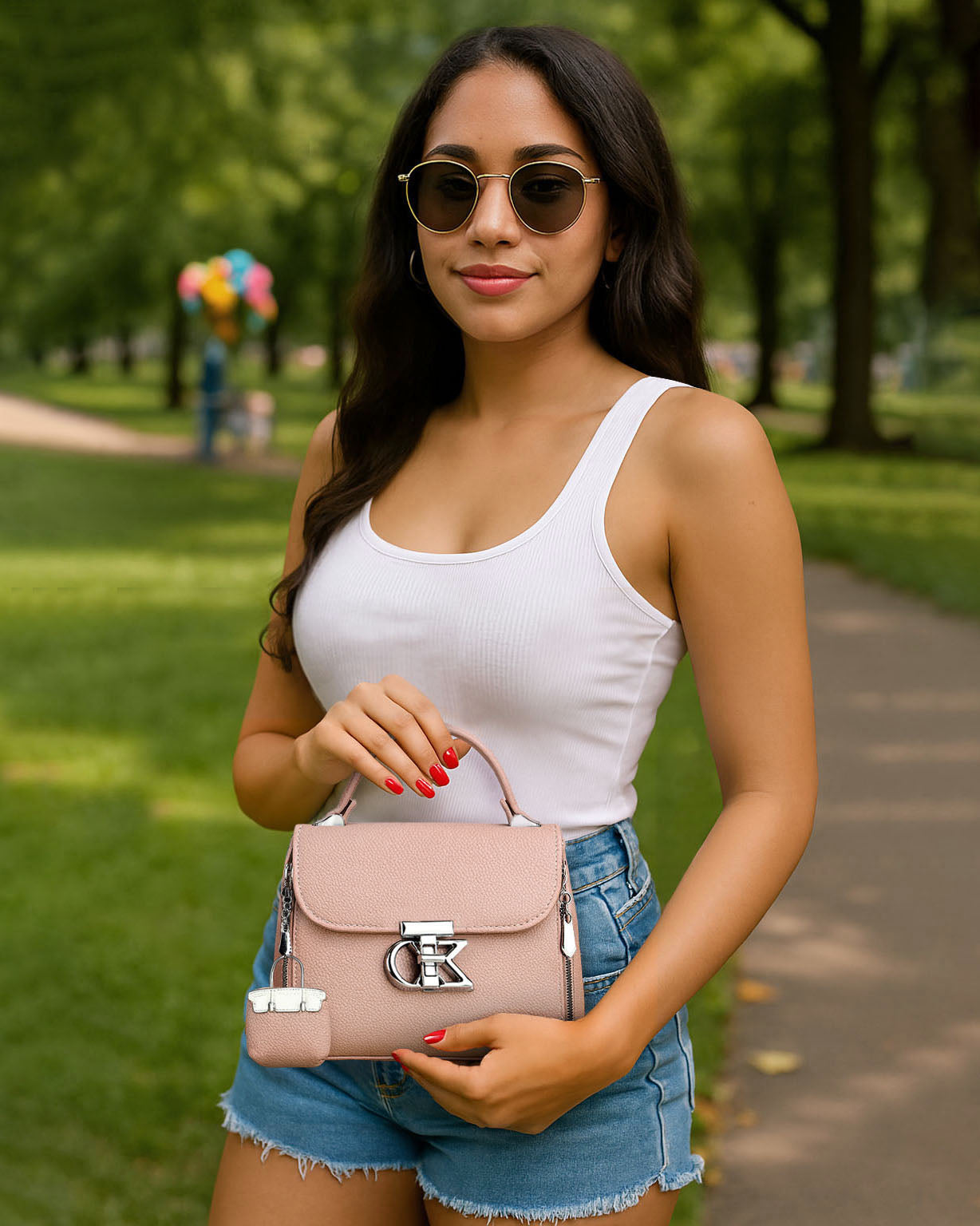 Bolso pequeño con hebilla plateada y mini monedero colgante