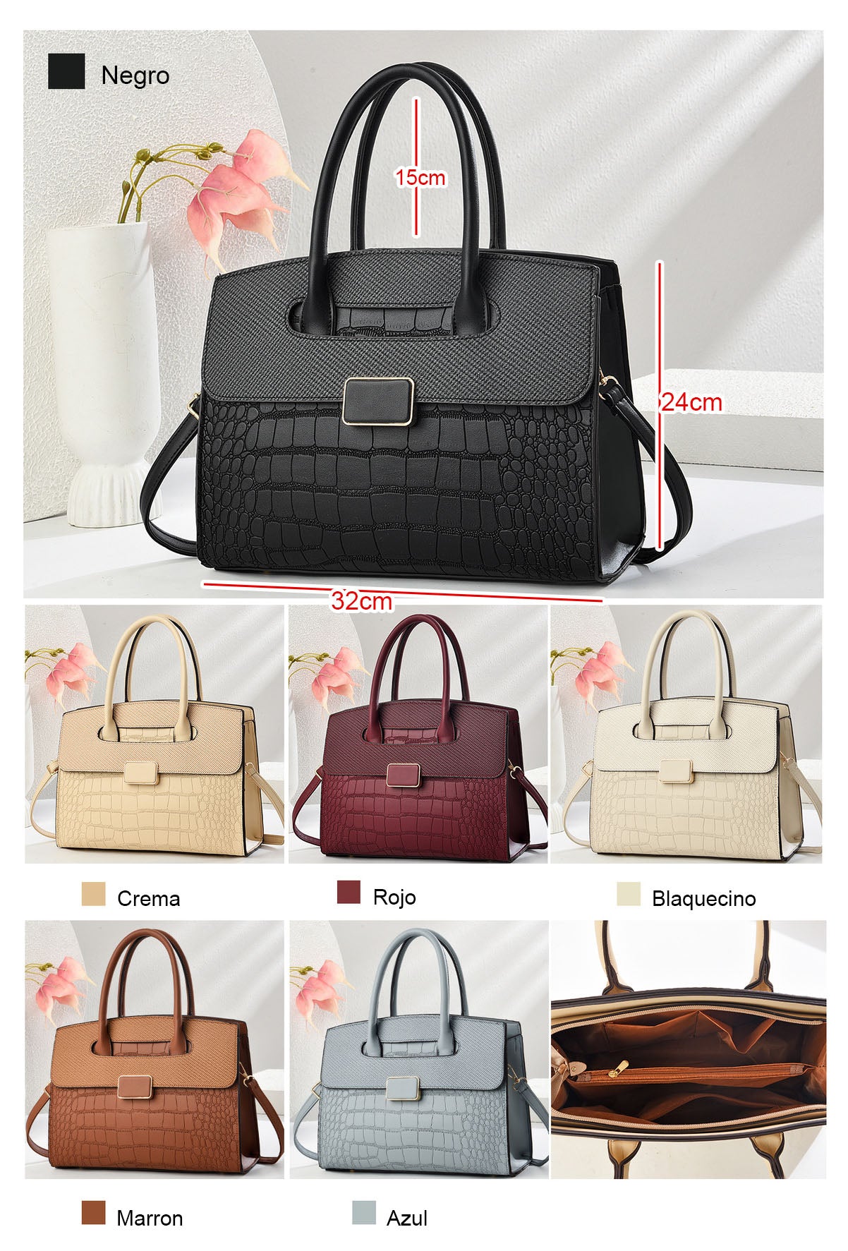 Bolso mediano con textura tipo cocodrilo y hebilla frontal