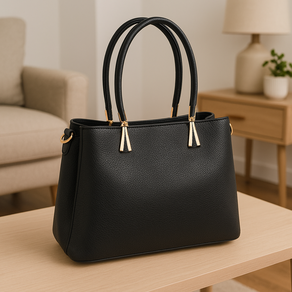 Cartera mediana con textura granulada y detalles en dorado