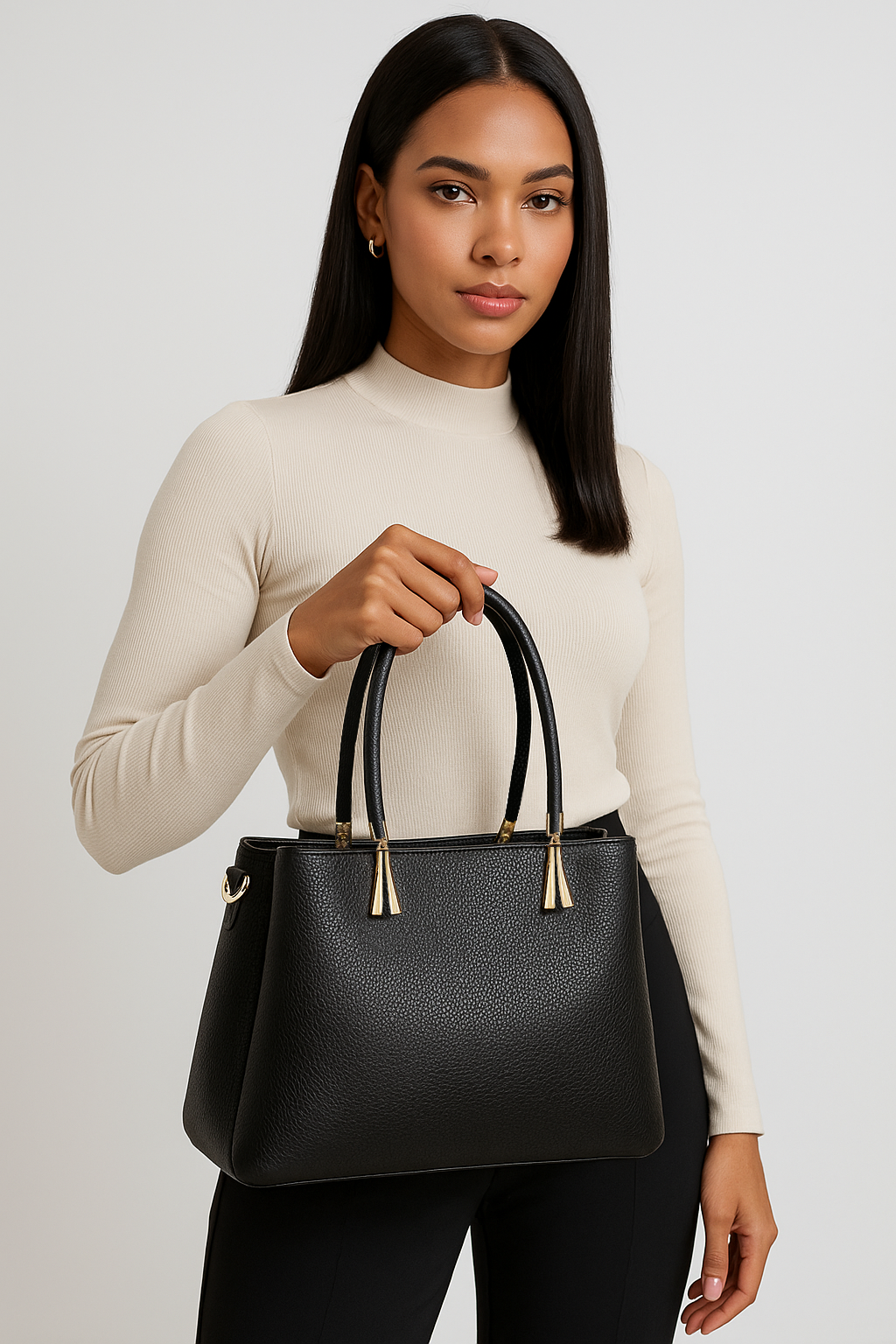 Cartera mediana con textura granulada y detalles en dorado