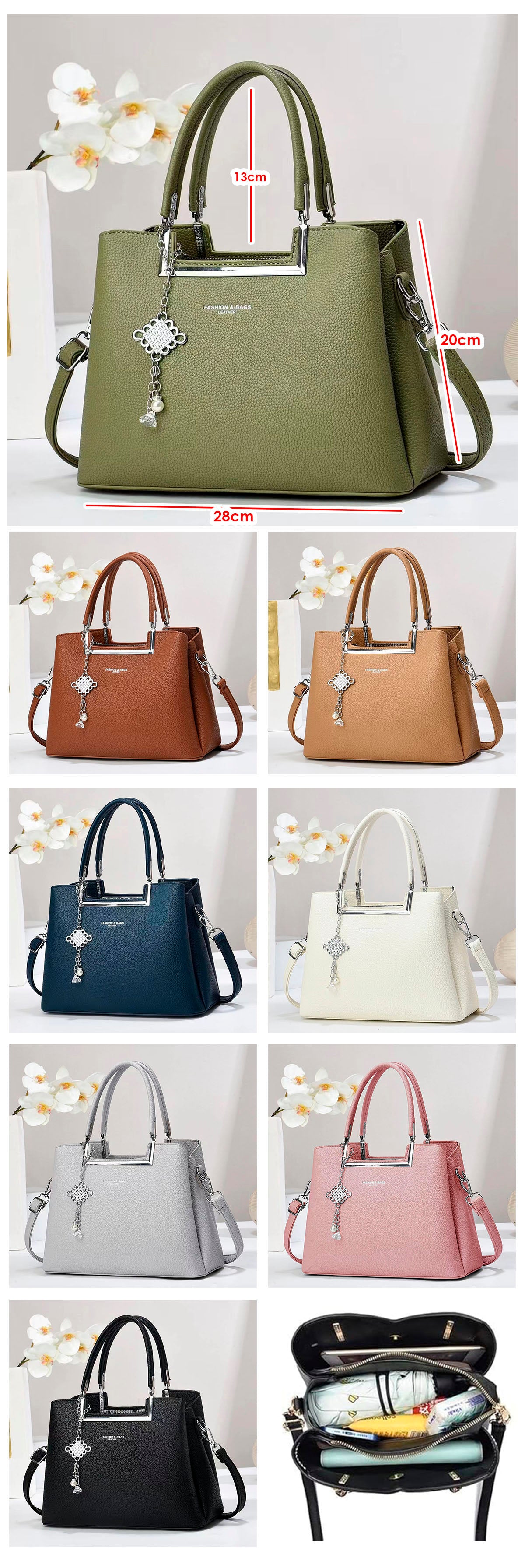 Bolso de mano con asas doble, correa de hombro desmontable. Dije decorativo plateado