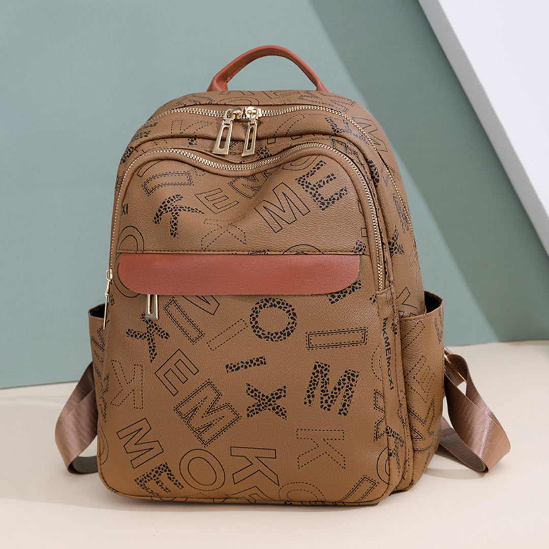 Mochila con diseño de letras, bolsillos laterales y bolsillo frontal con cremallera