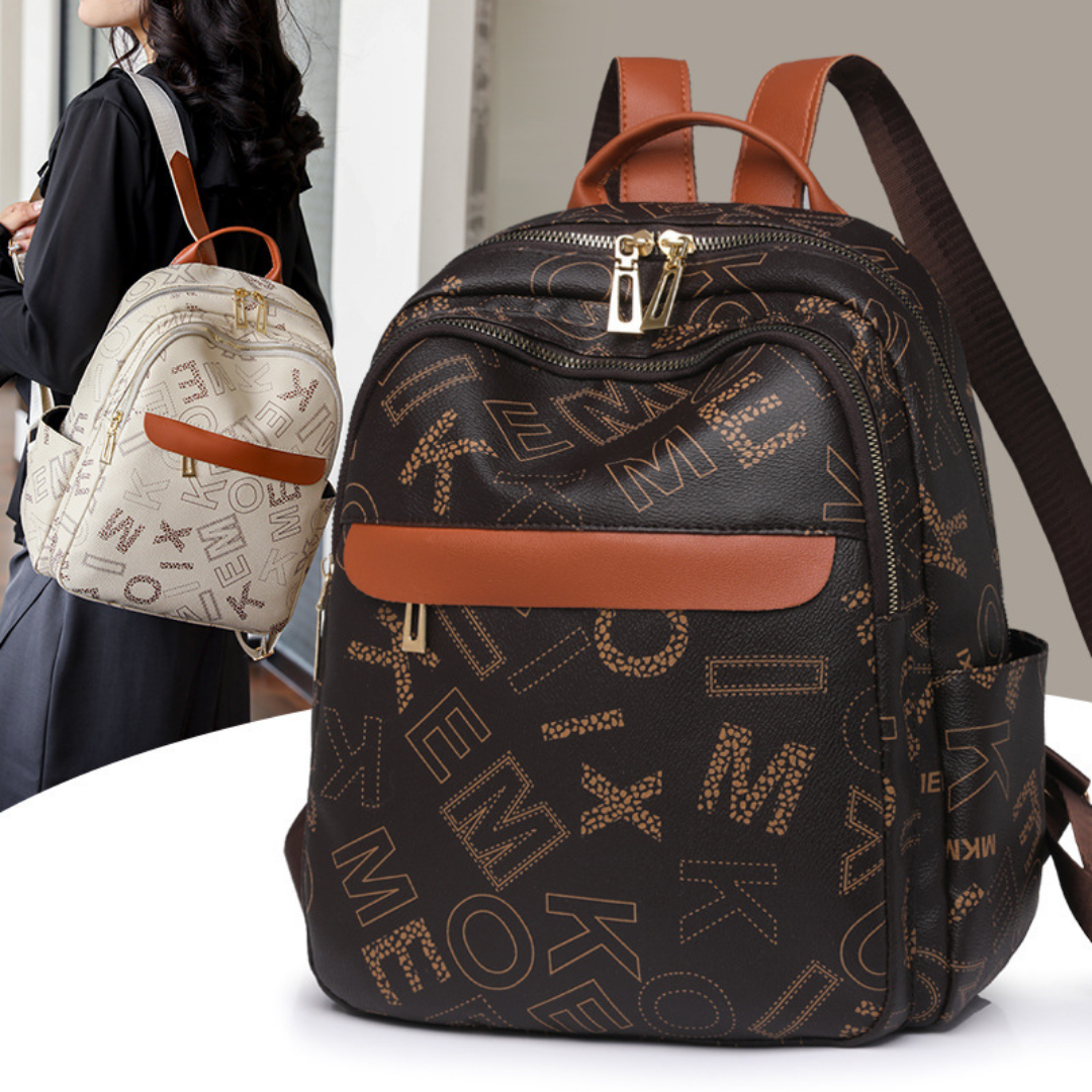 Mochila con diseño de letras, bolsillos laterales y bolsillo frontal con cremallera