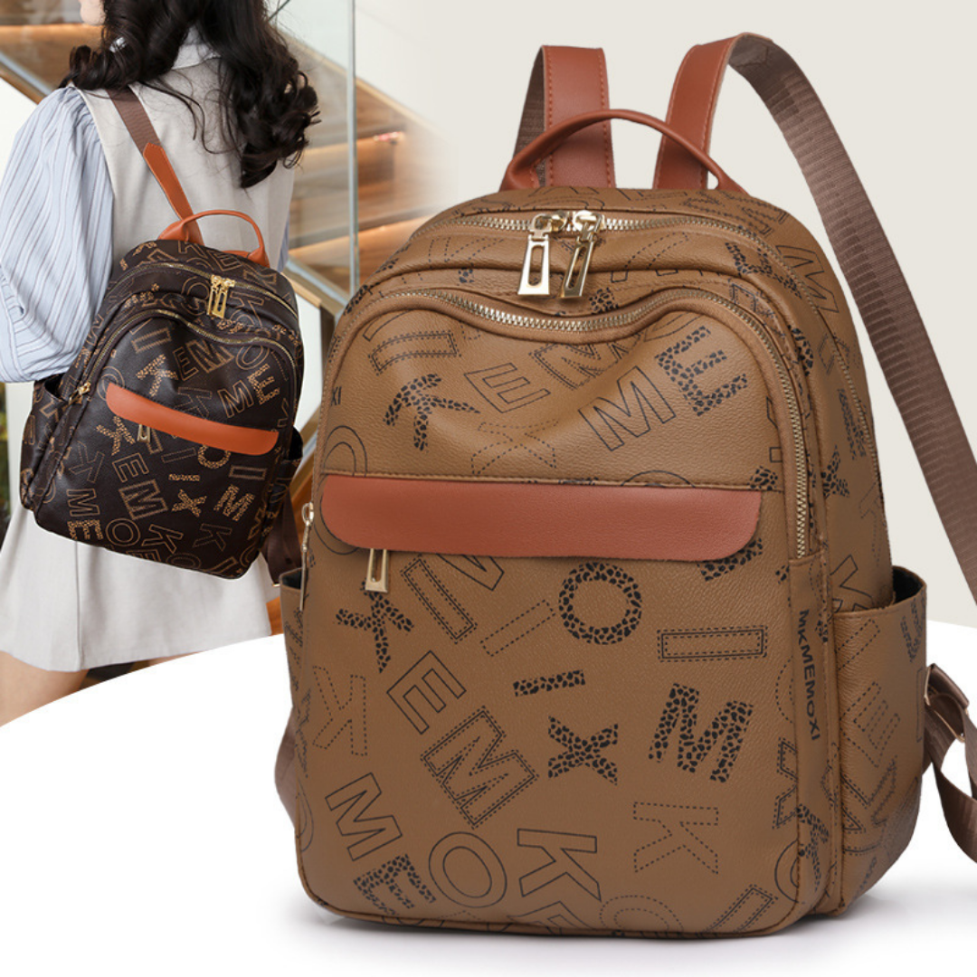 Mochila con diseño de letras, bolsillos laterales y bolsillo frontal con cremallera