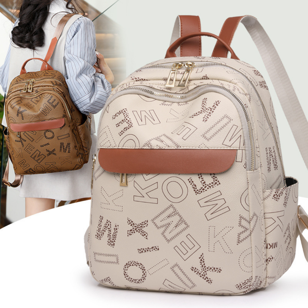 Mochila con diseño de letras, bolsillos laterales y bolsillo frontal con cremallera