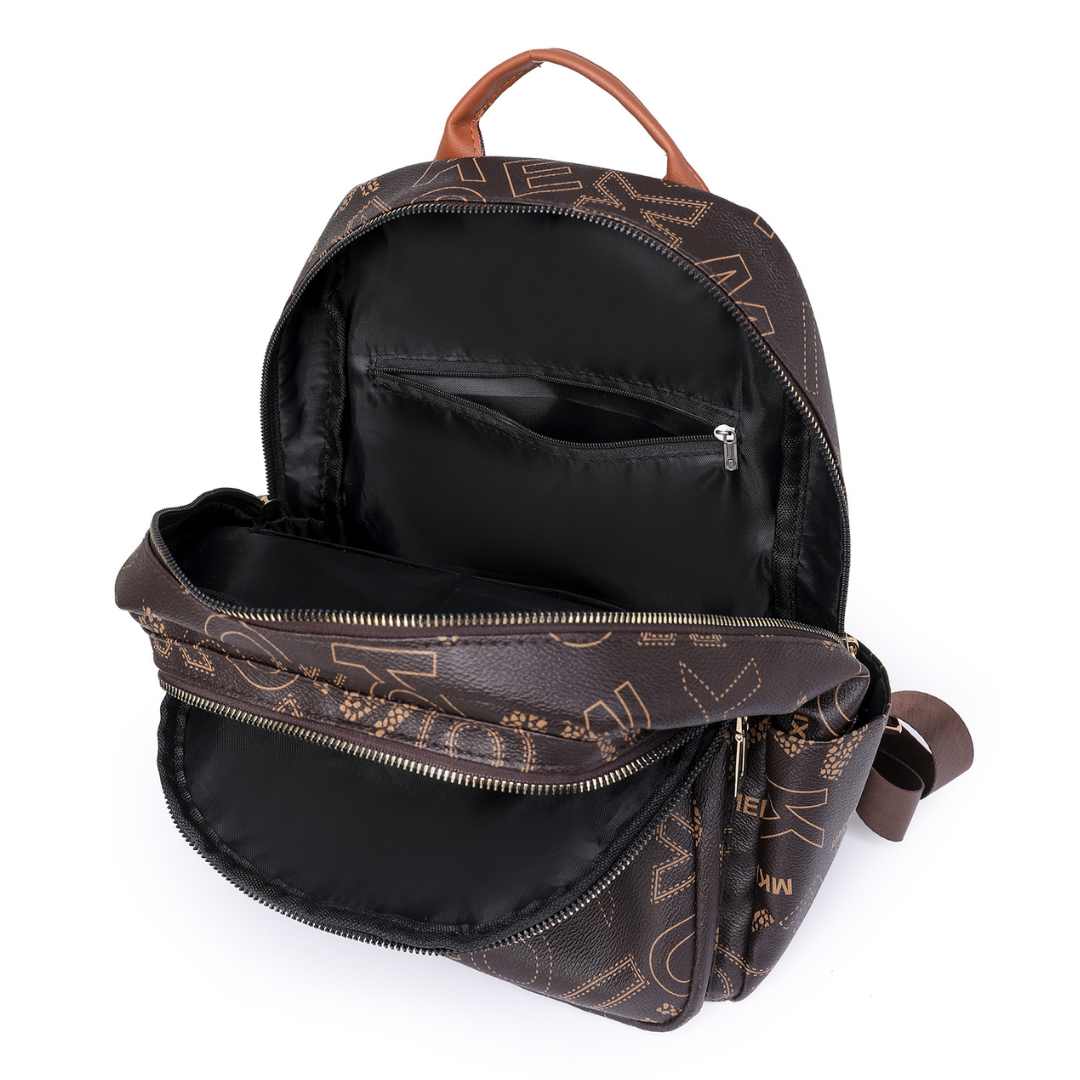 Mochila con diseño de letras, bolsillos laterales y bolsillo frontal con cremallera