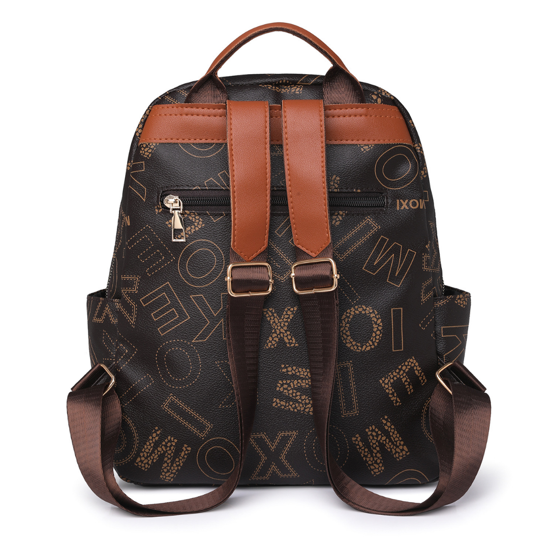 Mochila con diseño de letras, bolsillos laterales y bolsillo frontal con cremallera