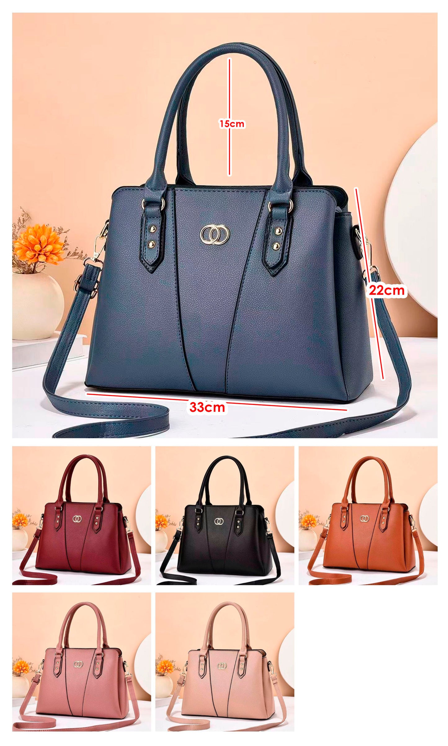 Cartera mediana con detalles en dorado y tiro ajustable par uso en hombro