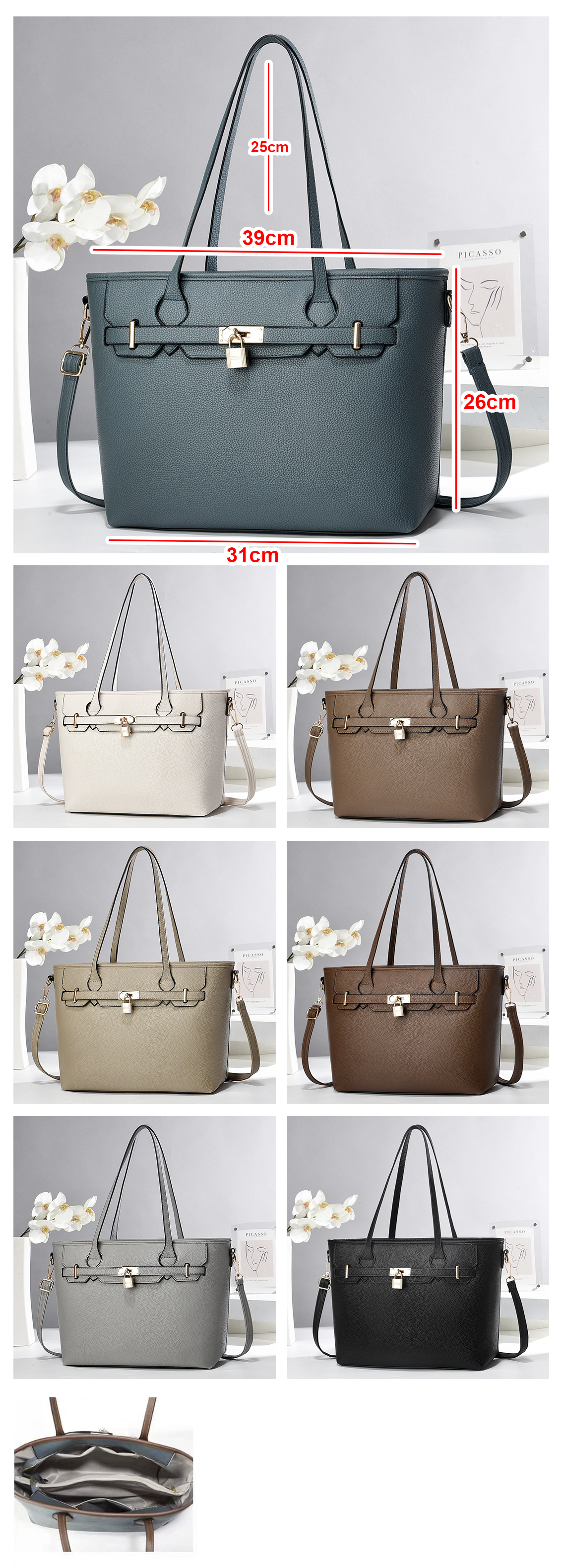 Bolso Grande con candado decorativo. Detalles en Dorado. Divisiones en el interior