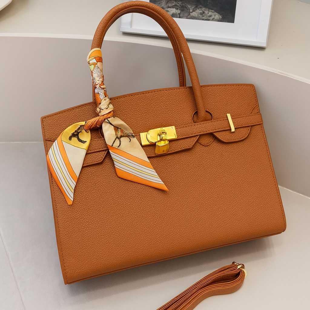 Cartera tipo Birkin con pañuelo y correa larga incluida