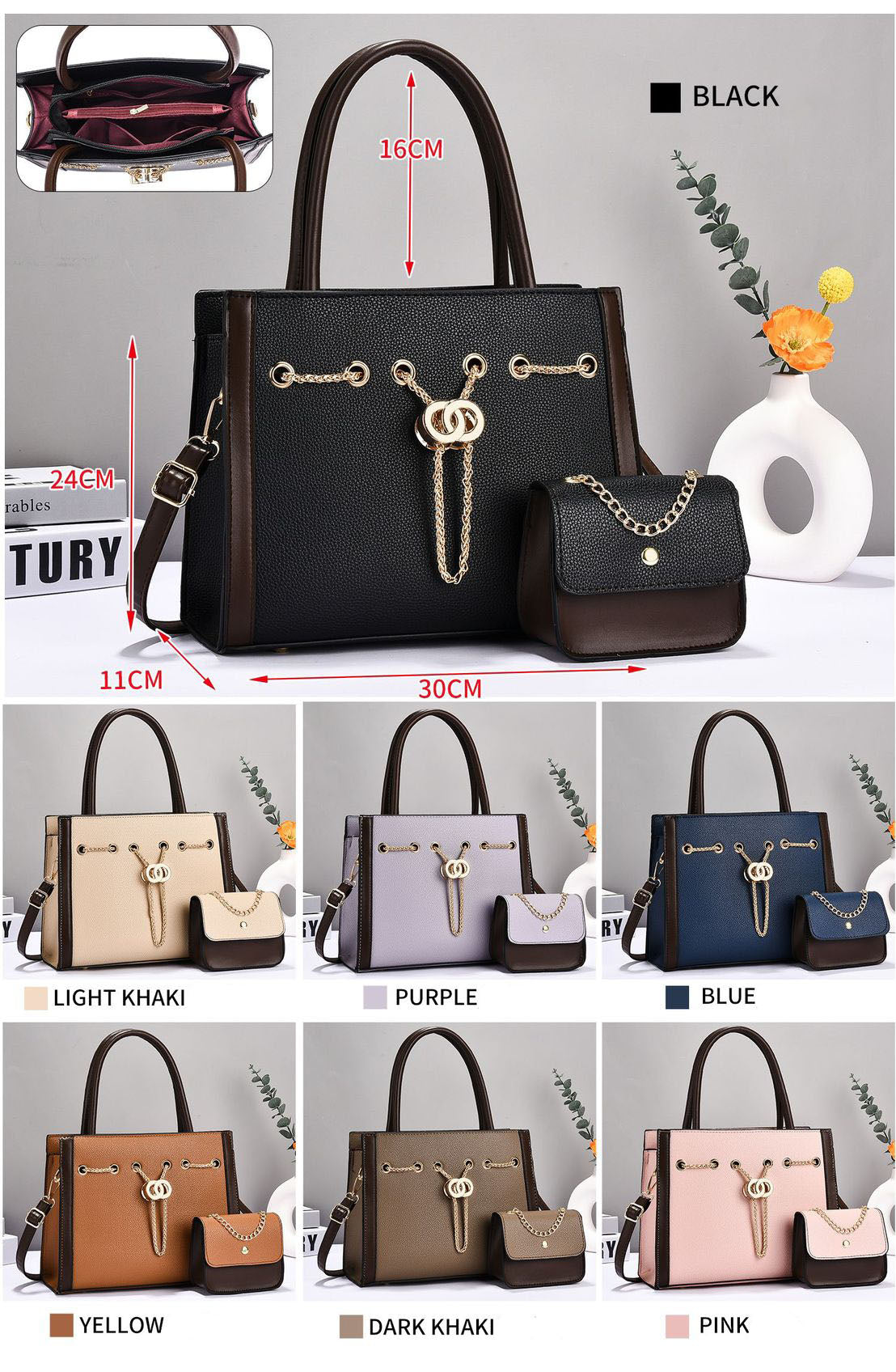 Set de cartera con cadena frontal decorativa y bolsito a juego