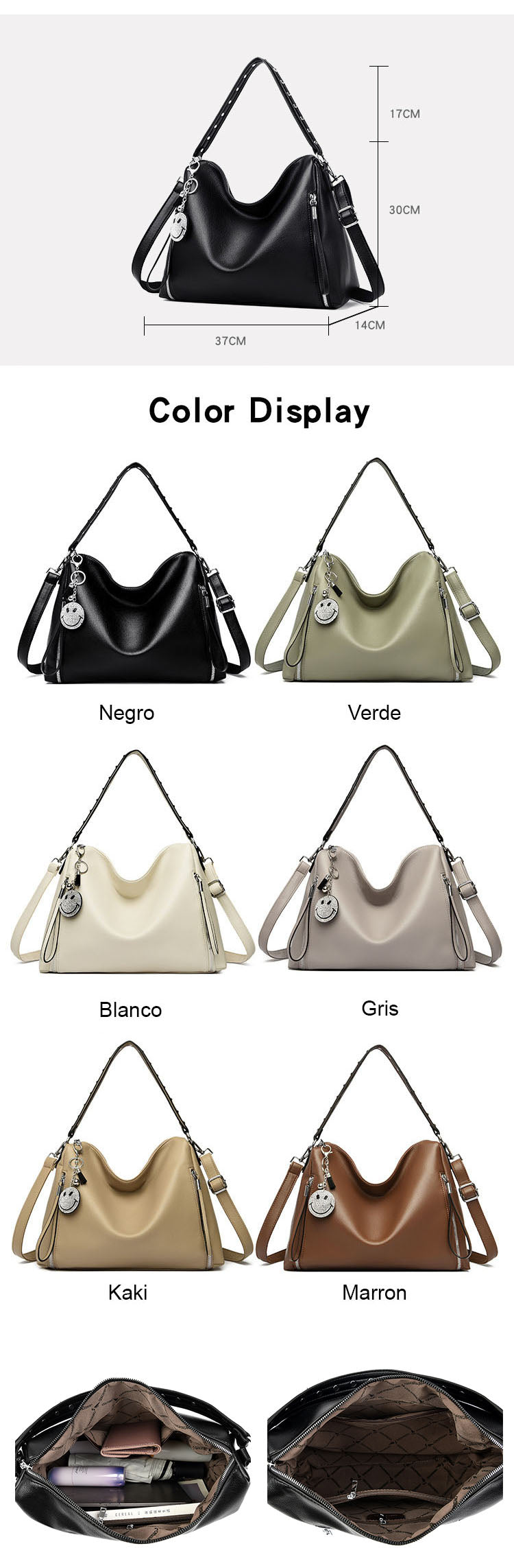 Cartera de Gran Capacidad con Colgante Sonriente – Modelo Suave y Moderno