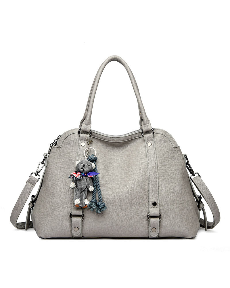 Bolso Mediano Suave de Tacto Liso, con Doble Asa, con Cierre Principal y Muñeco Decorativo