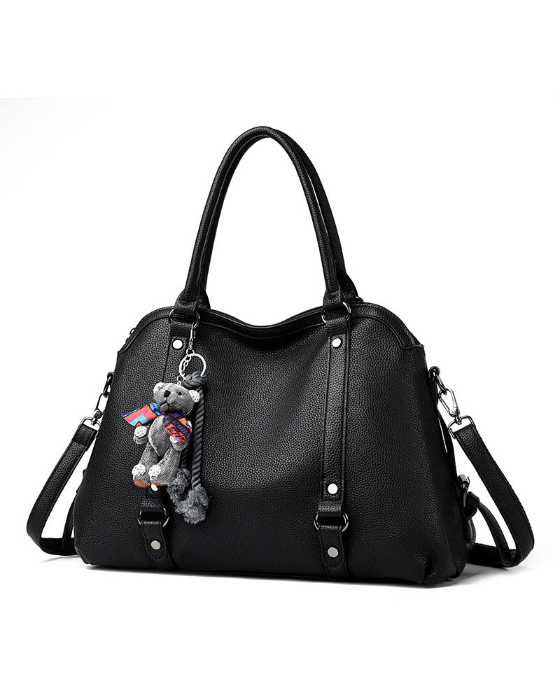 Bolso Mediano Suave de Tacto Liso, con Doble Asa, con Cierre Principal y Muñeco Decorativo