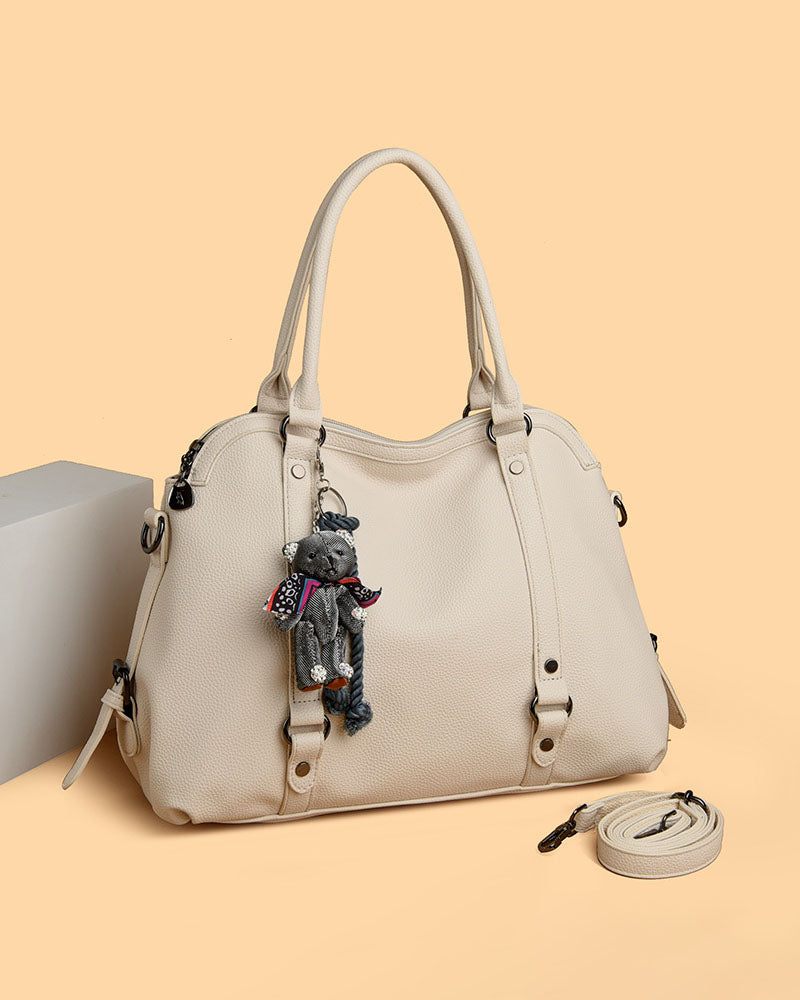 Bolso Mediano Suave de Tacto Liso, con Doble Asa, con Cierre Principal y Muñeco Decorativo