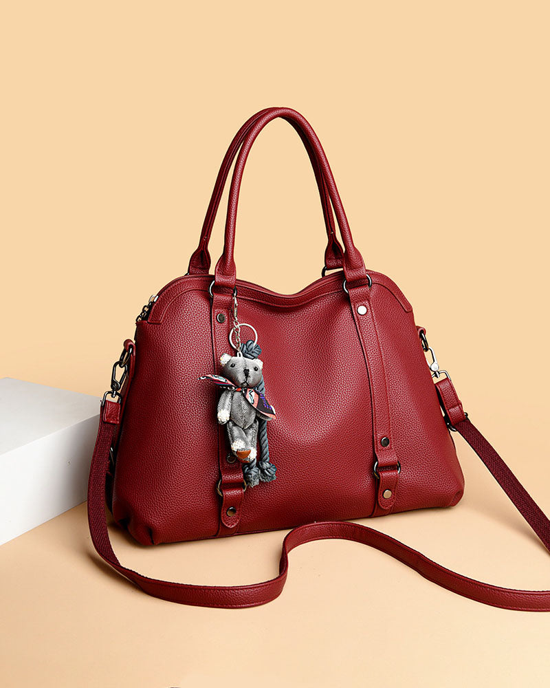 Bolso Mediano Suave de Tacto Liso, con Doble Asa, con Cierre Principal y Muñeco Decorativo