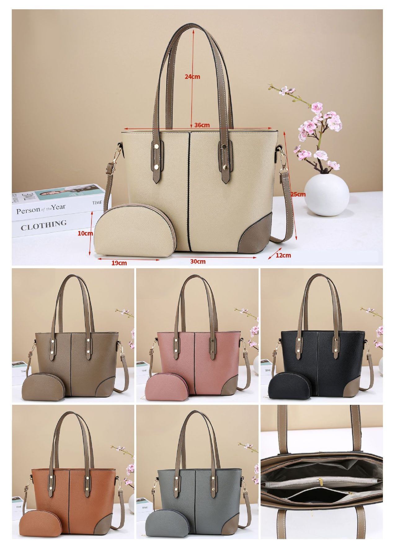 Set de Cartera Grande con Monedero – Diseño Bicolor y Interior Dividido