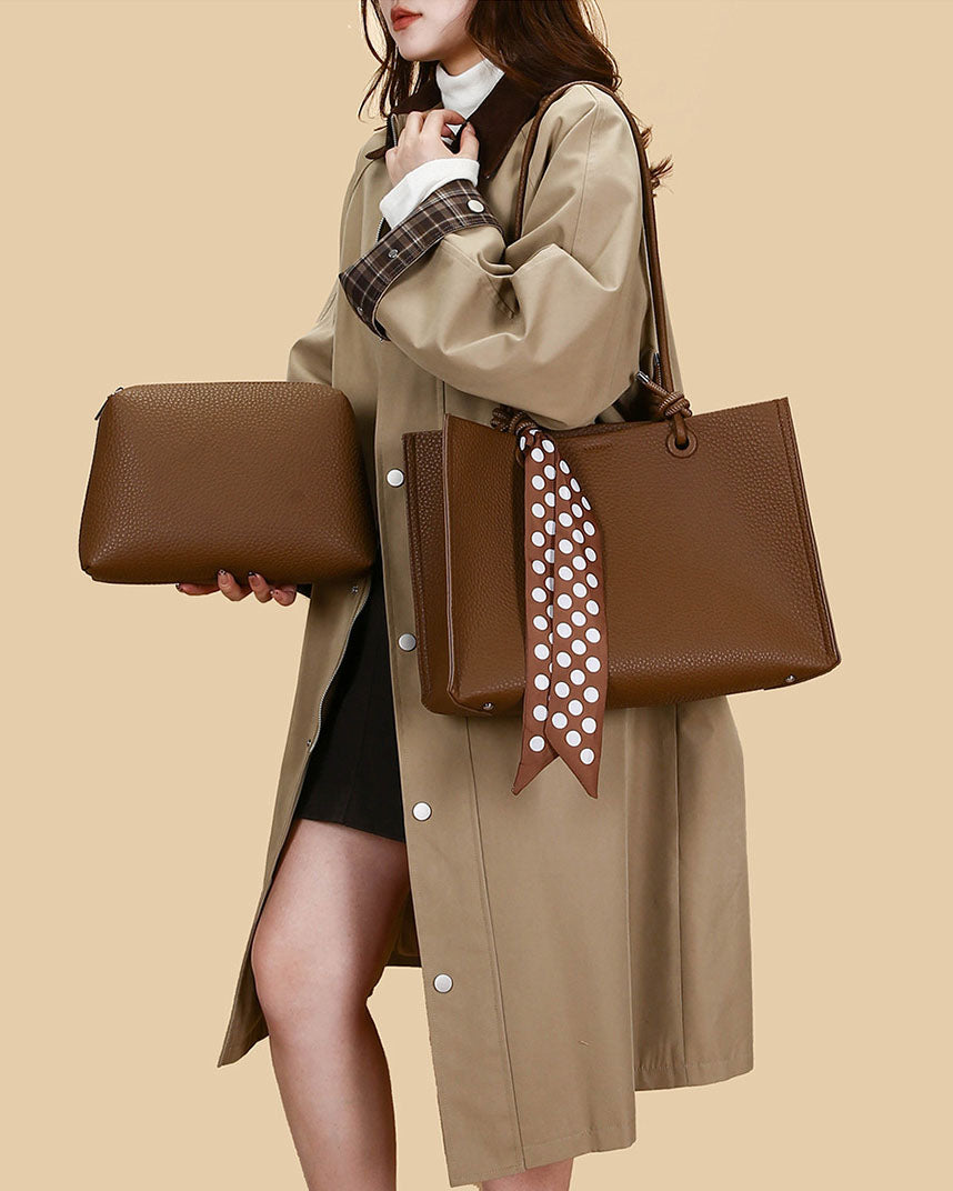 Cartera Tipo Tote de Asas Largas con Pañuelo Decorativo y Estuche Interno removible  – Diseño Texturizado y Práctico