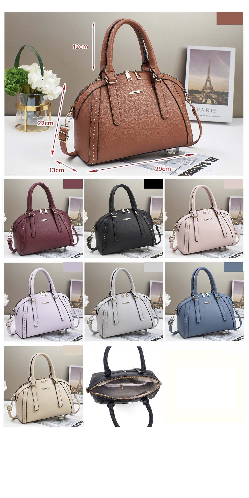 Oferta • Bolso mediano con asas cortas y correa larga ajustable, remaches decorativos en dorado