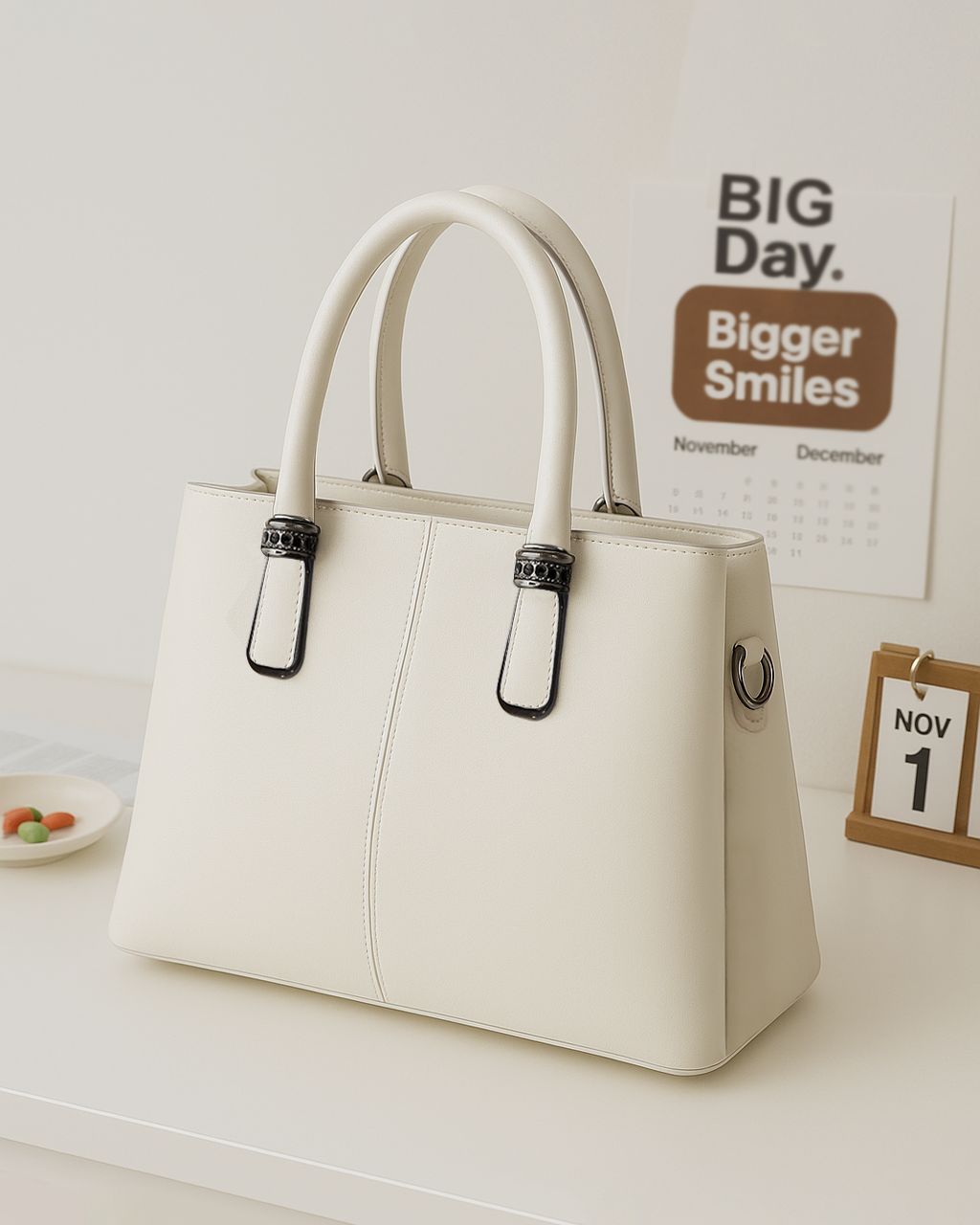 Cartera mediana espaciosa con detalles en plateado oscuro