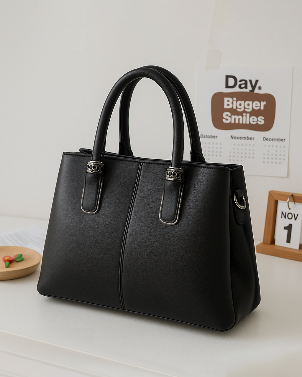 Cartera mediana espaciosa con detalles en plateado oscuro